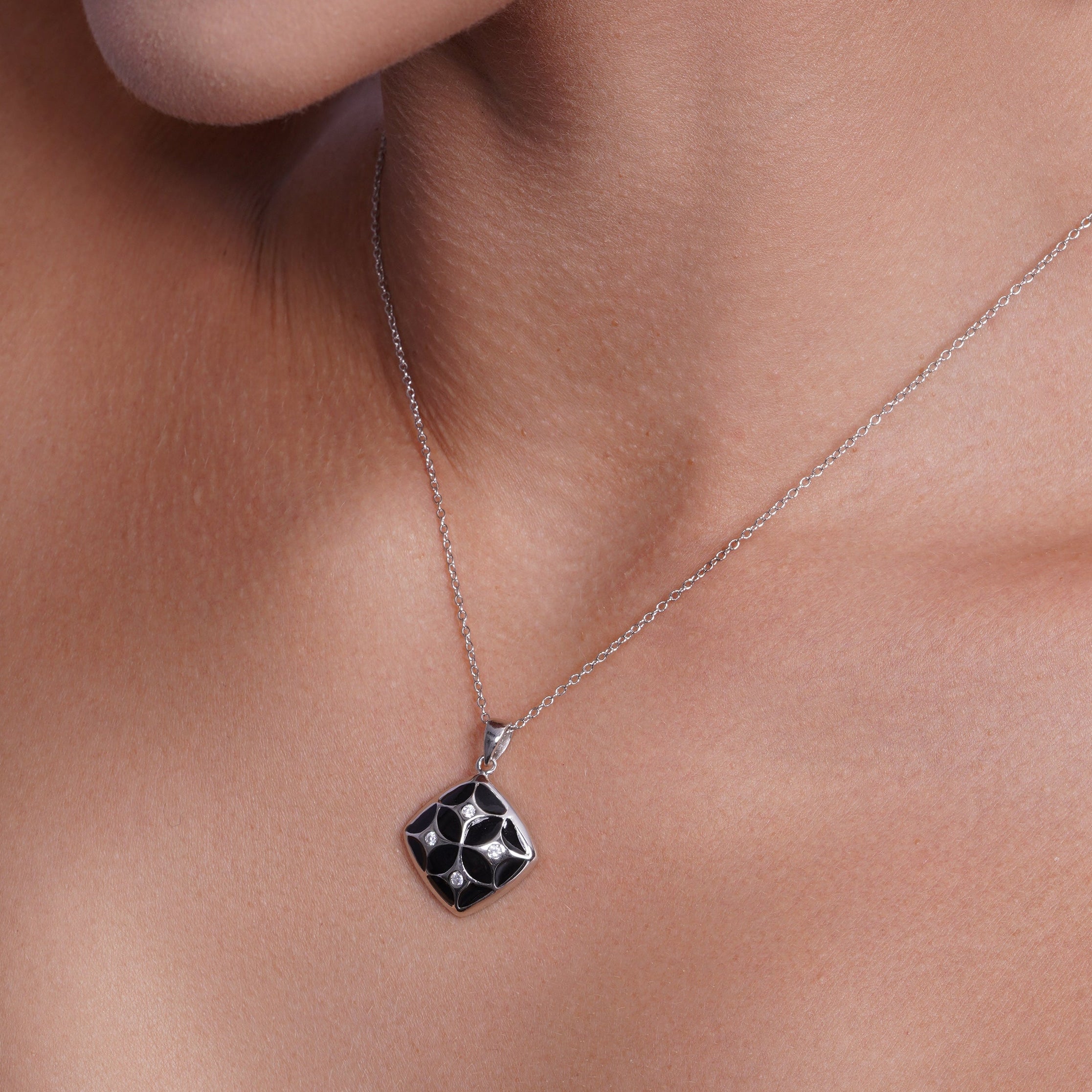 Clearance-Silver 925 Rhodium Plated Square Antique Design CZ Dangling Hook Earring and Necklace Set - STS00225