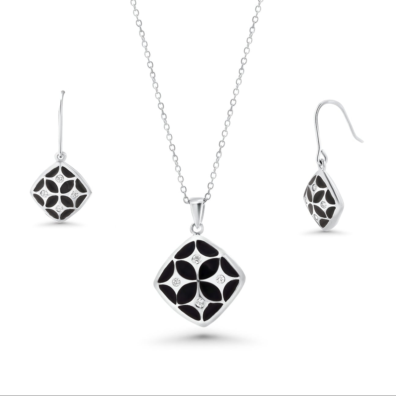 Clearance-Silver 925 Rhodium Plated Square Antique Design CZ Dangling Hook Earring and Necklace Set - STS00225