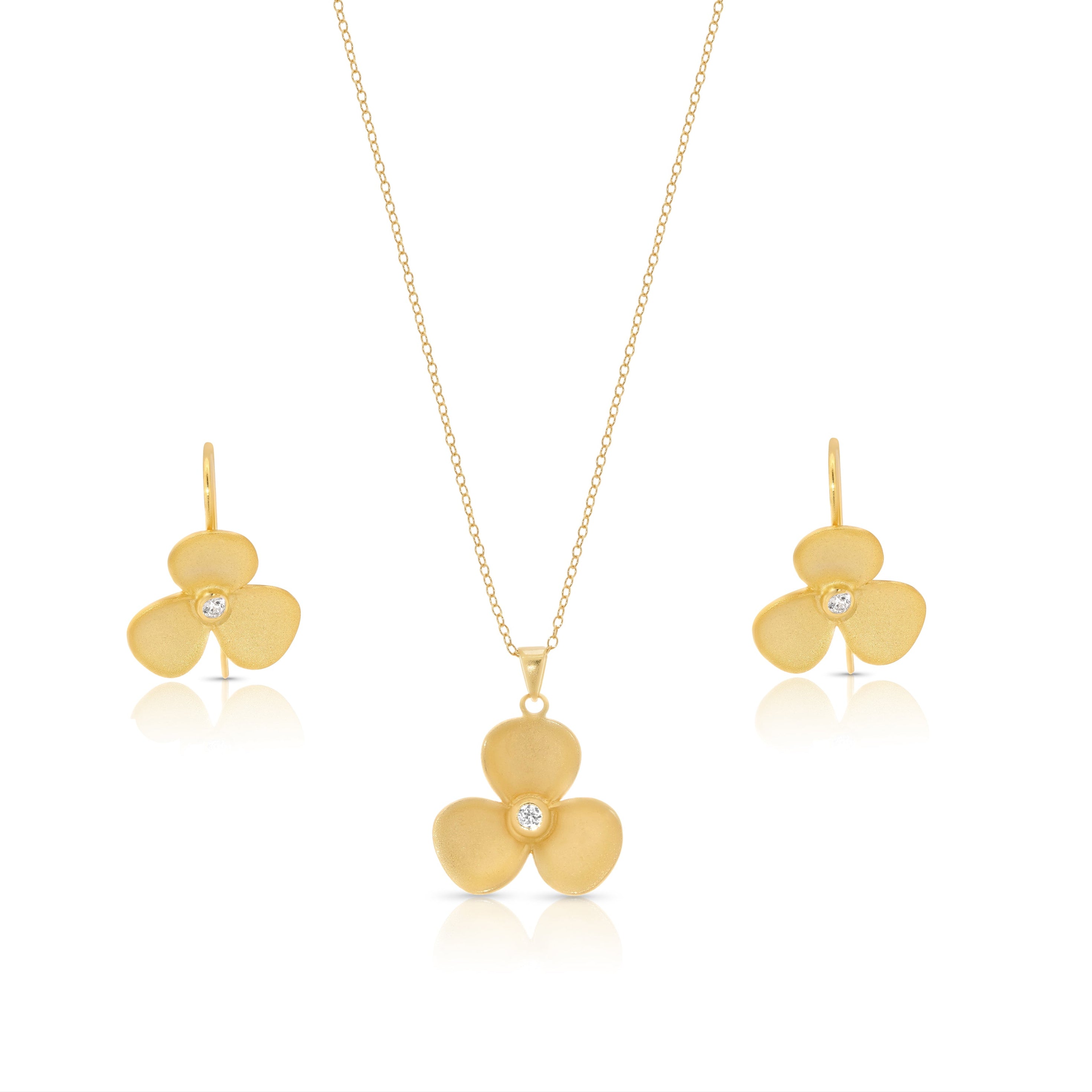 Clearance-Silver 925 Gold Plated Flower CZ Hook Earring and Necklace Set - STS00243GP