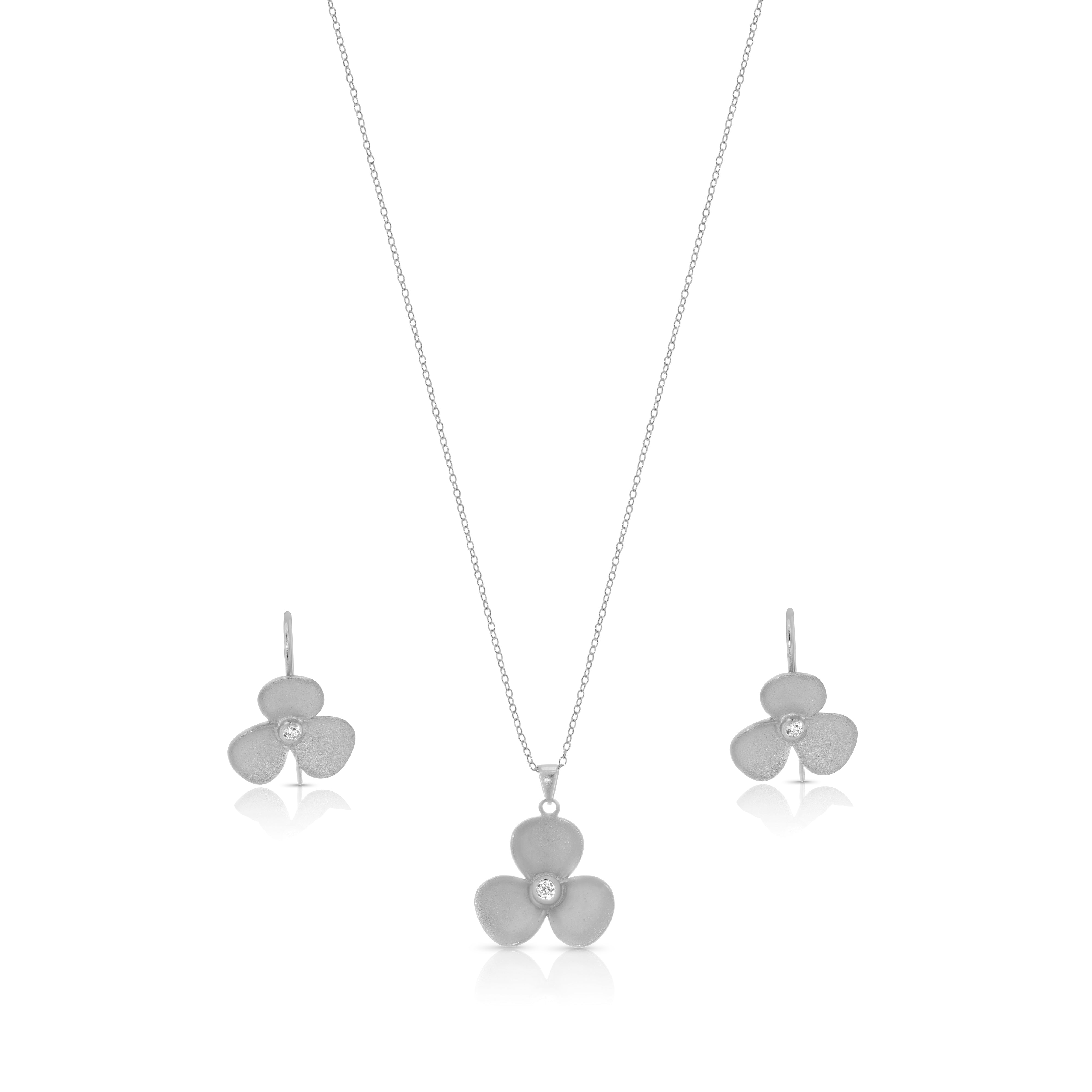 Clearance-Silver 925 Rhodium Plated Flower CZ Hook Earring and Necklace Set - STS00243