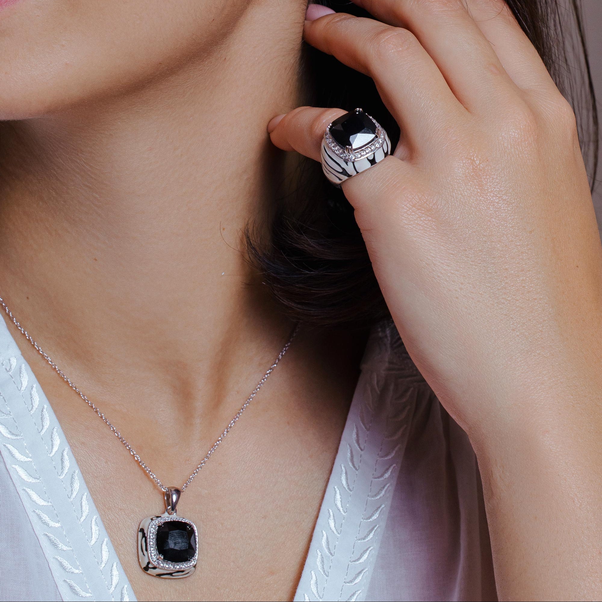 Clearance-Silver 925 Rhodium Plated Square Black CZ Stud Earring and Necklace Set - STS00253