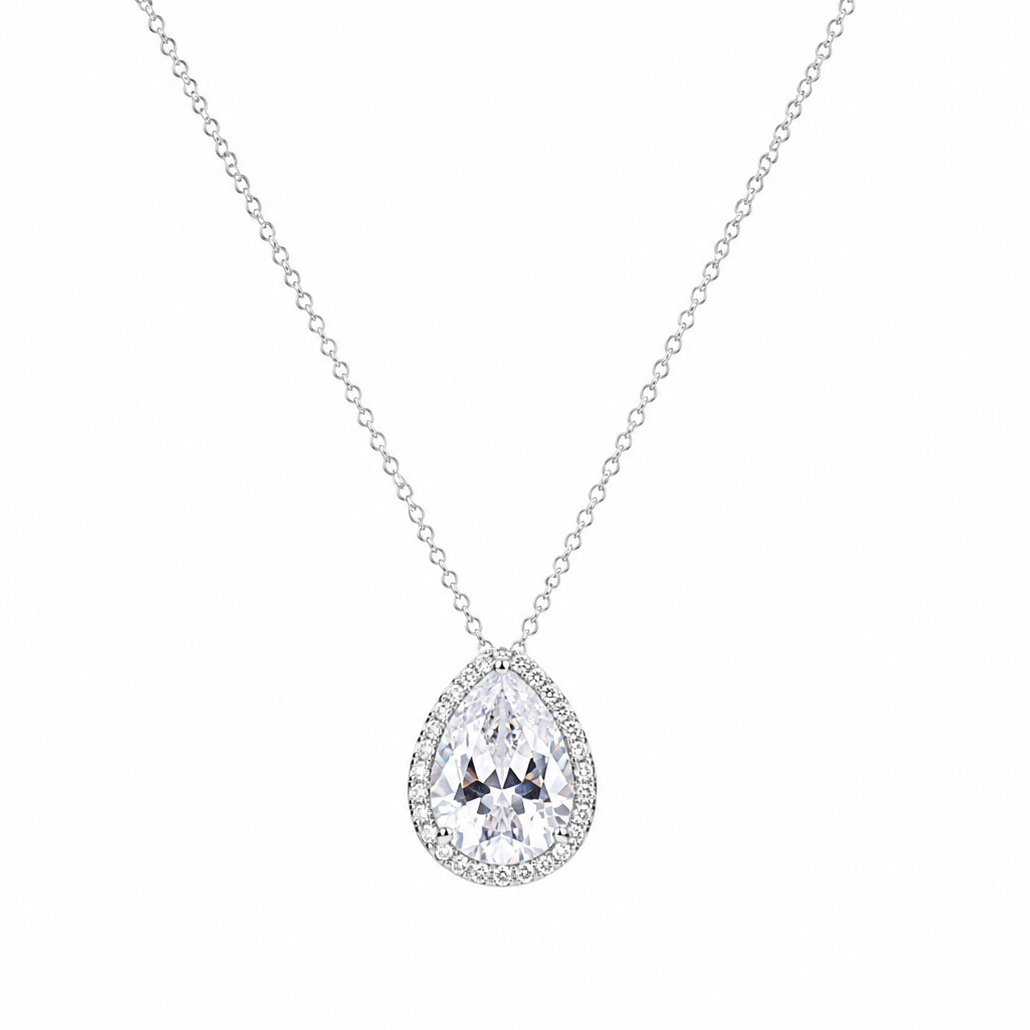Rhodium Plated 925 Silver Clear Teardrop CZ Stud Earring and Necklace Set - STS00290