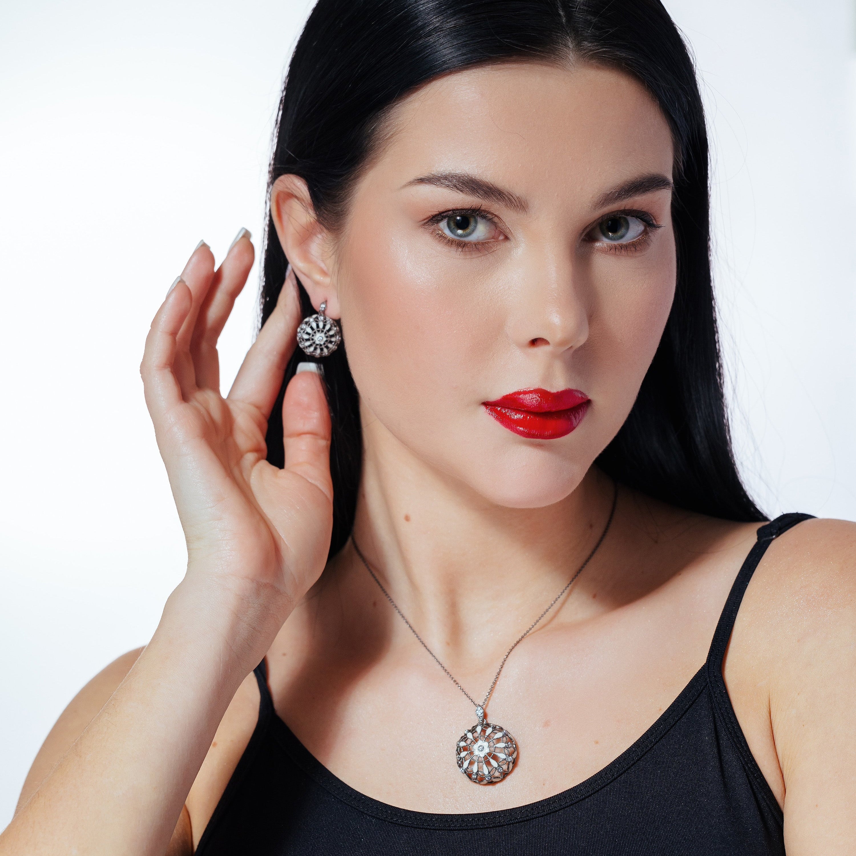 Clearance-Silver 925 Rhodium Plated Flower Round Black CZ Dangling Stud Earring and Necklace Set - STS00294