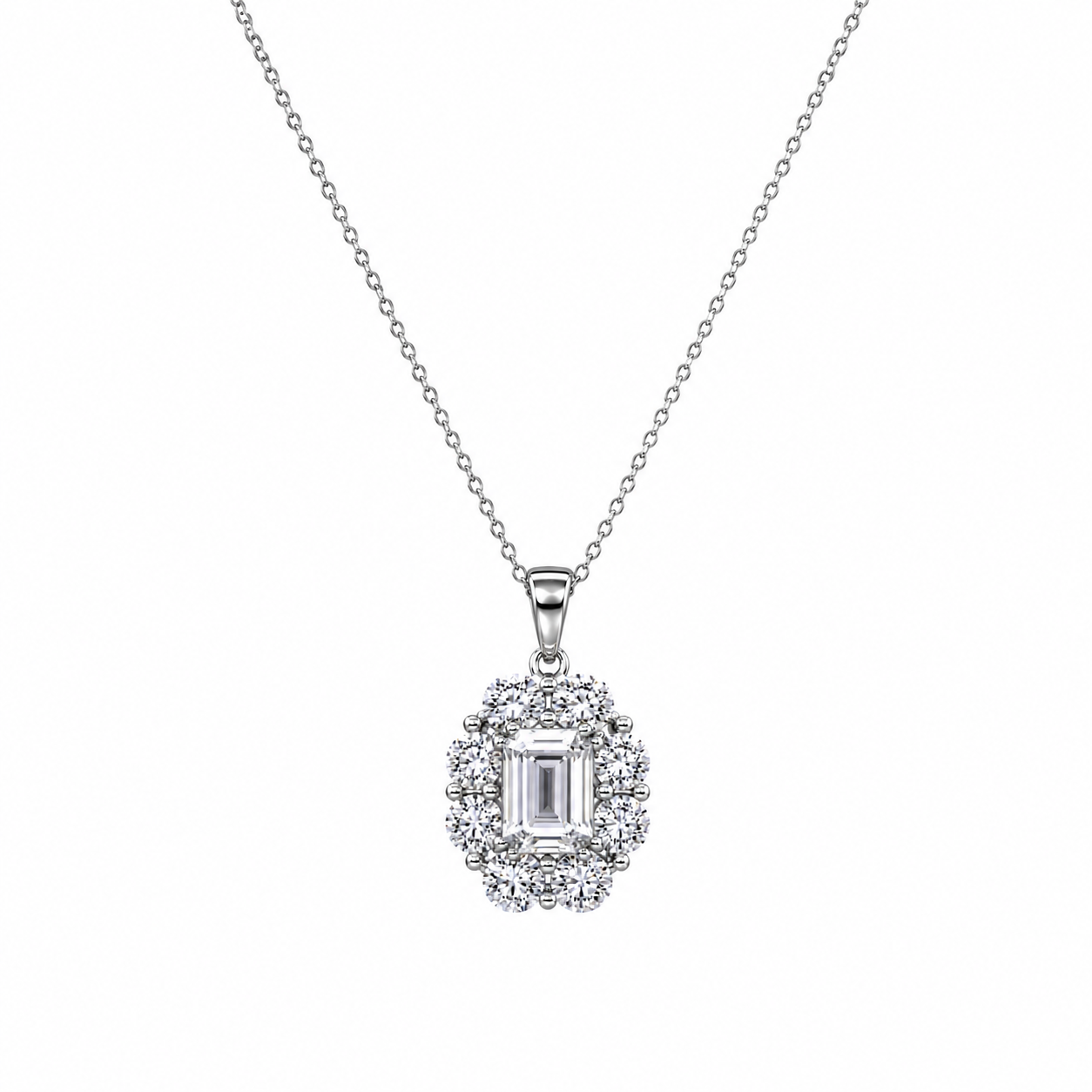 Rhodium Plated 925 Silver Round Emerald CZ Flower Stud Earring and Necklace Set - STS00296