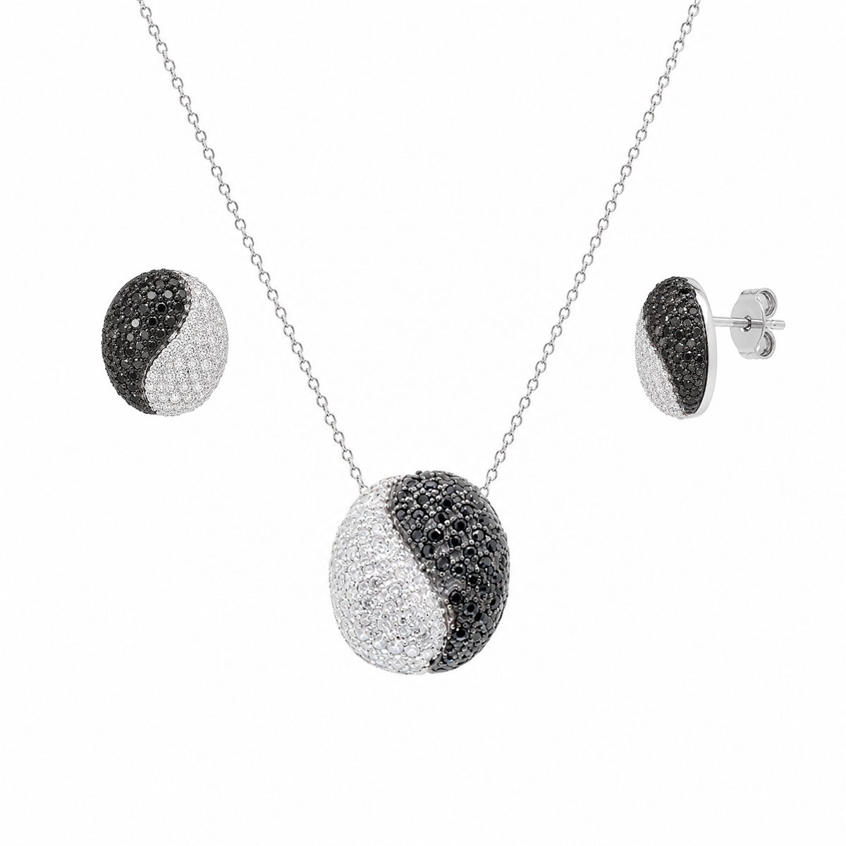 Final Price-Rhodium Plated 925 Sterling Silver Black & White CZ Yin Yang Round Pendant & Stud Earring Jewelry Set- STS00313