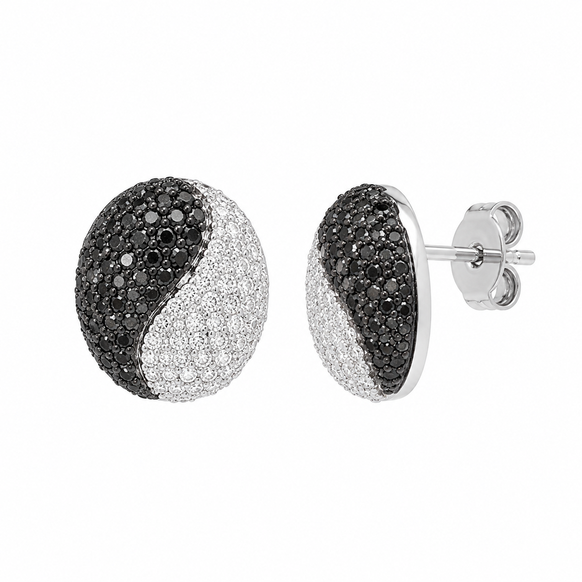 Final Price-Rhodium Plated 925 Sterling Silver Black & White CZ Yin Yang Round Pendant & Stud Earring Jewelry Set- STS00313