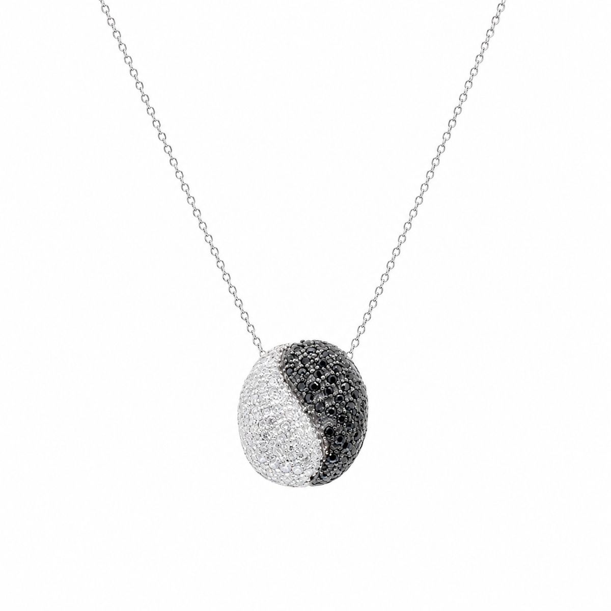Final Price-Rhodium Plated 925 Sterling Silver Black & White CZ Yin Yang Round Pendant & Stud Earring Jewelry Set- STS00313