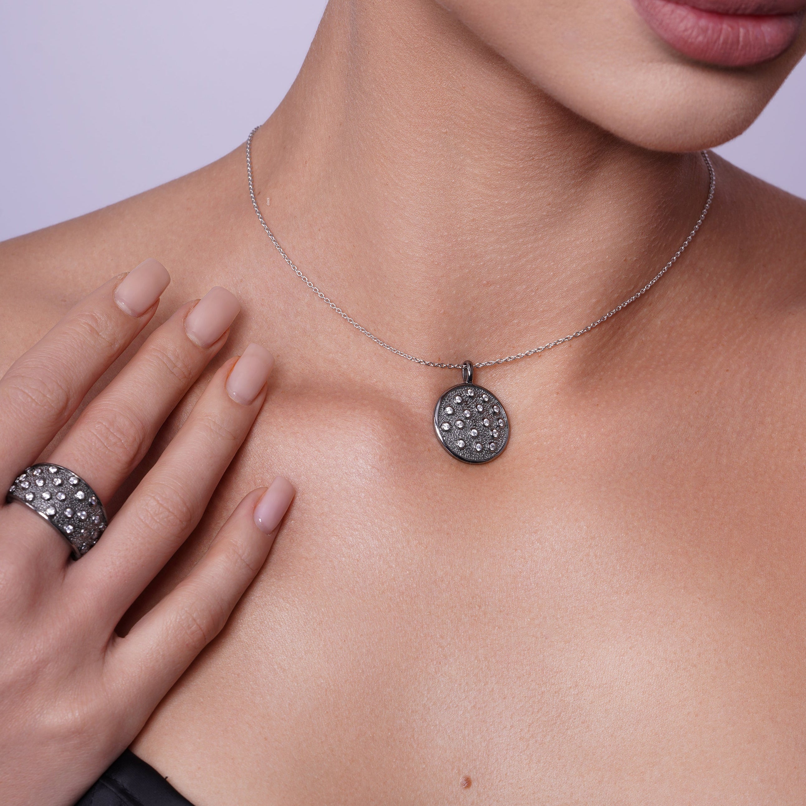 Clearance-Silver 925 Black Rhodium Plated Circle CZ Stud Earring and Necklace Set - STS00341