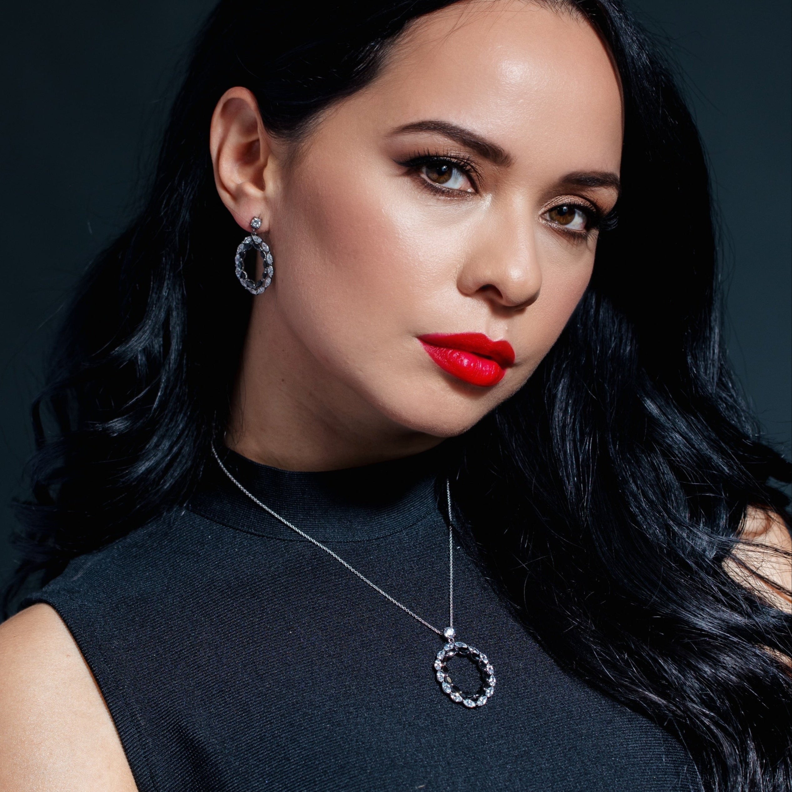 Clearance-Silver 925 Rhodium Plated Open Marquis Black and Clear CZ Dangling Earring and Necklace Set - STS00343