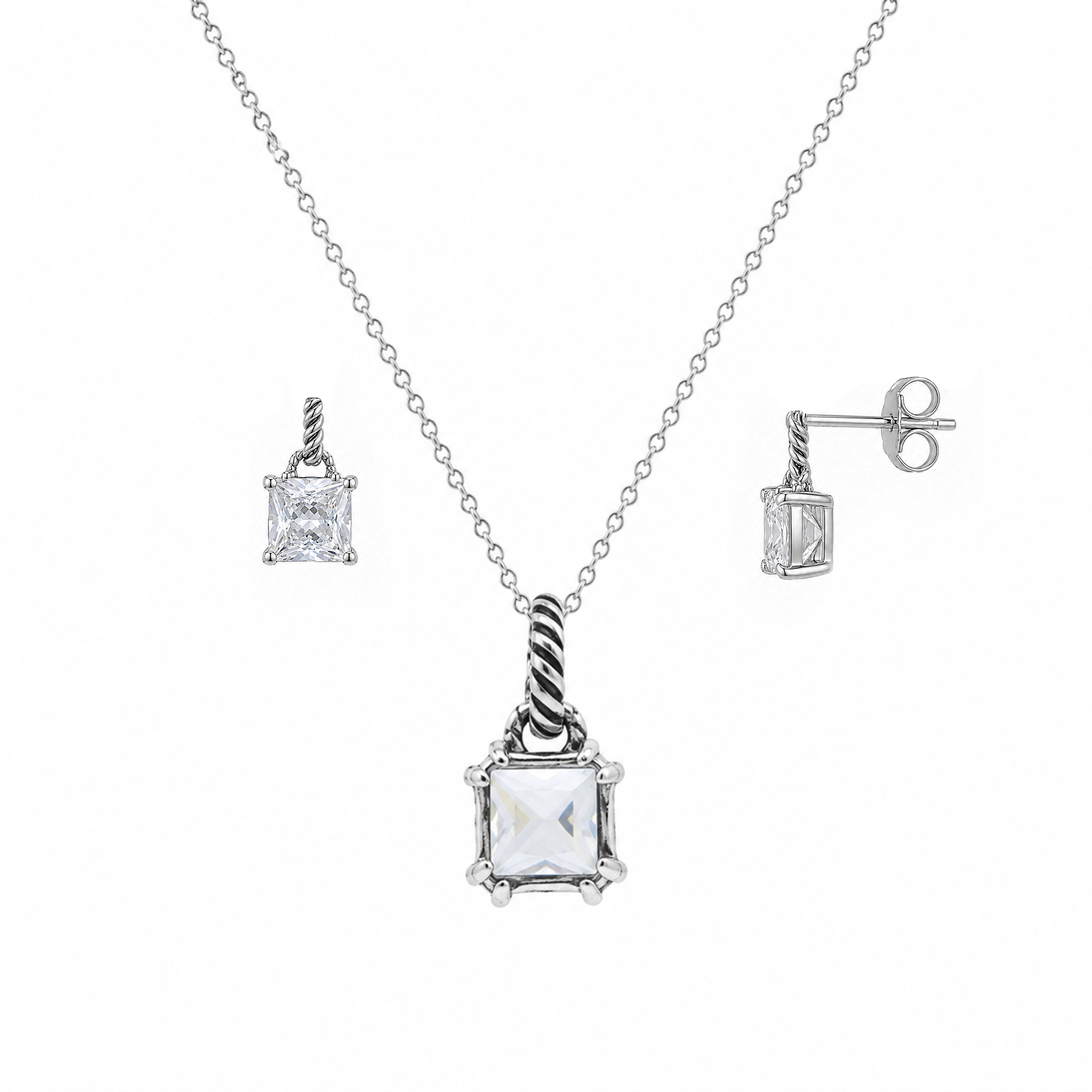 Rhodium Plated 925 Silver Princess Cut CZ Dangling Stud Earring and Necklace Set - STS00352