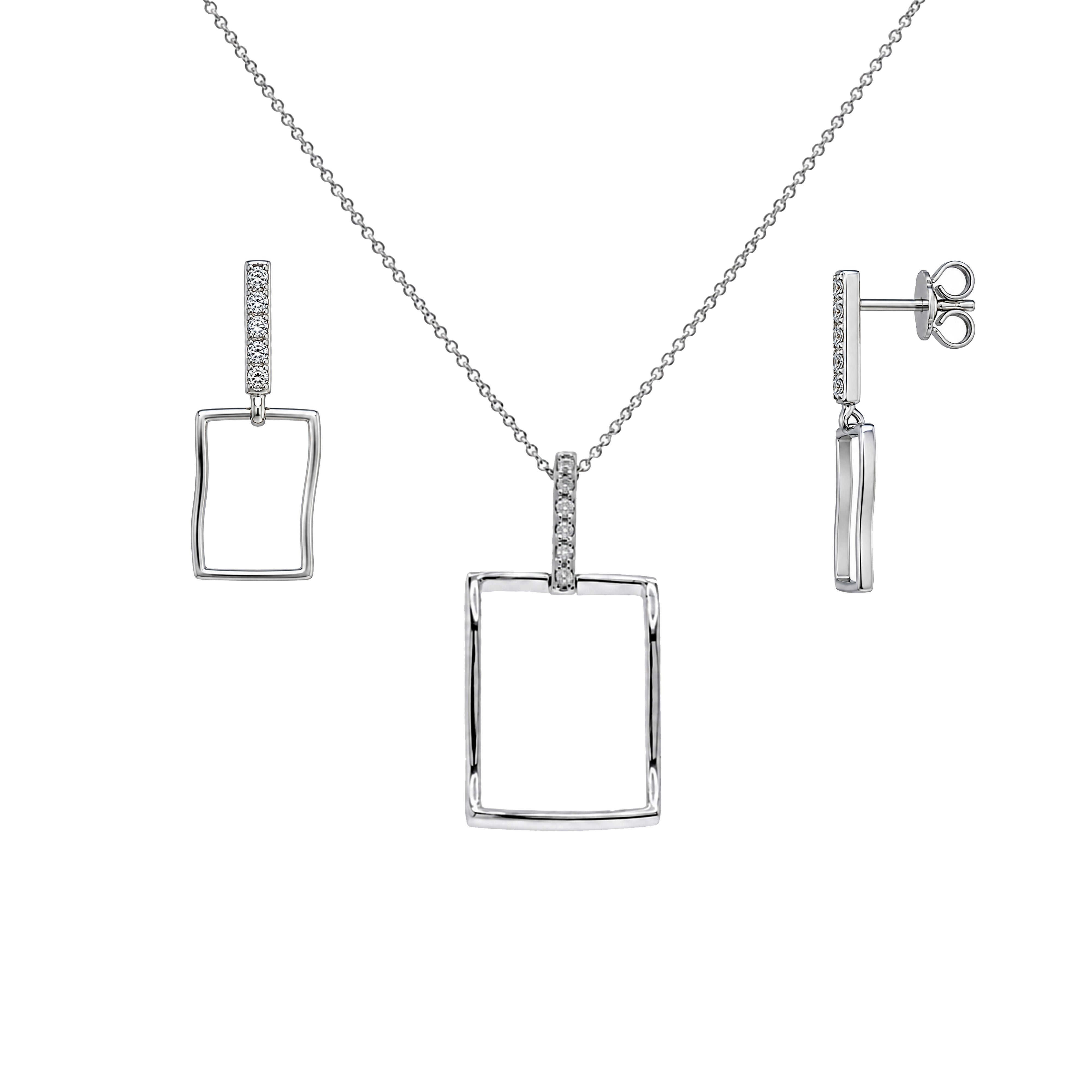 Rhodium Plated 925 Silver CZ Waved Rectangle Dangling Stud Earring and Necklace Set - STS00357