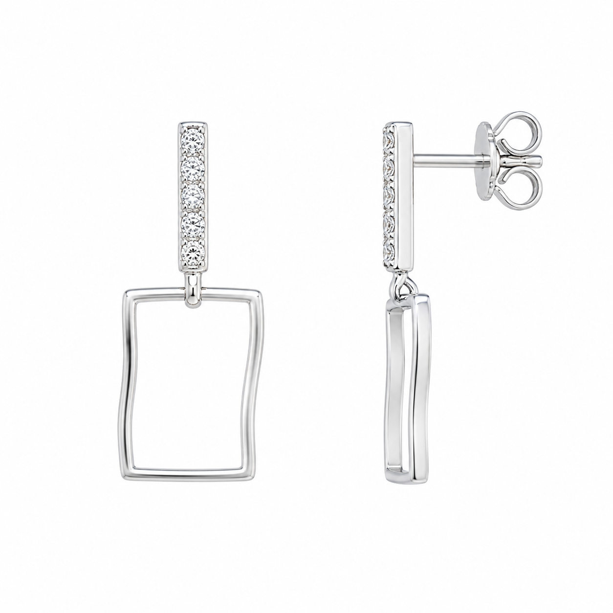 Rhodium Plated 925 Silver CZ Waved Rectangle Dangling Stud Earring and Necklace Set - STS00357