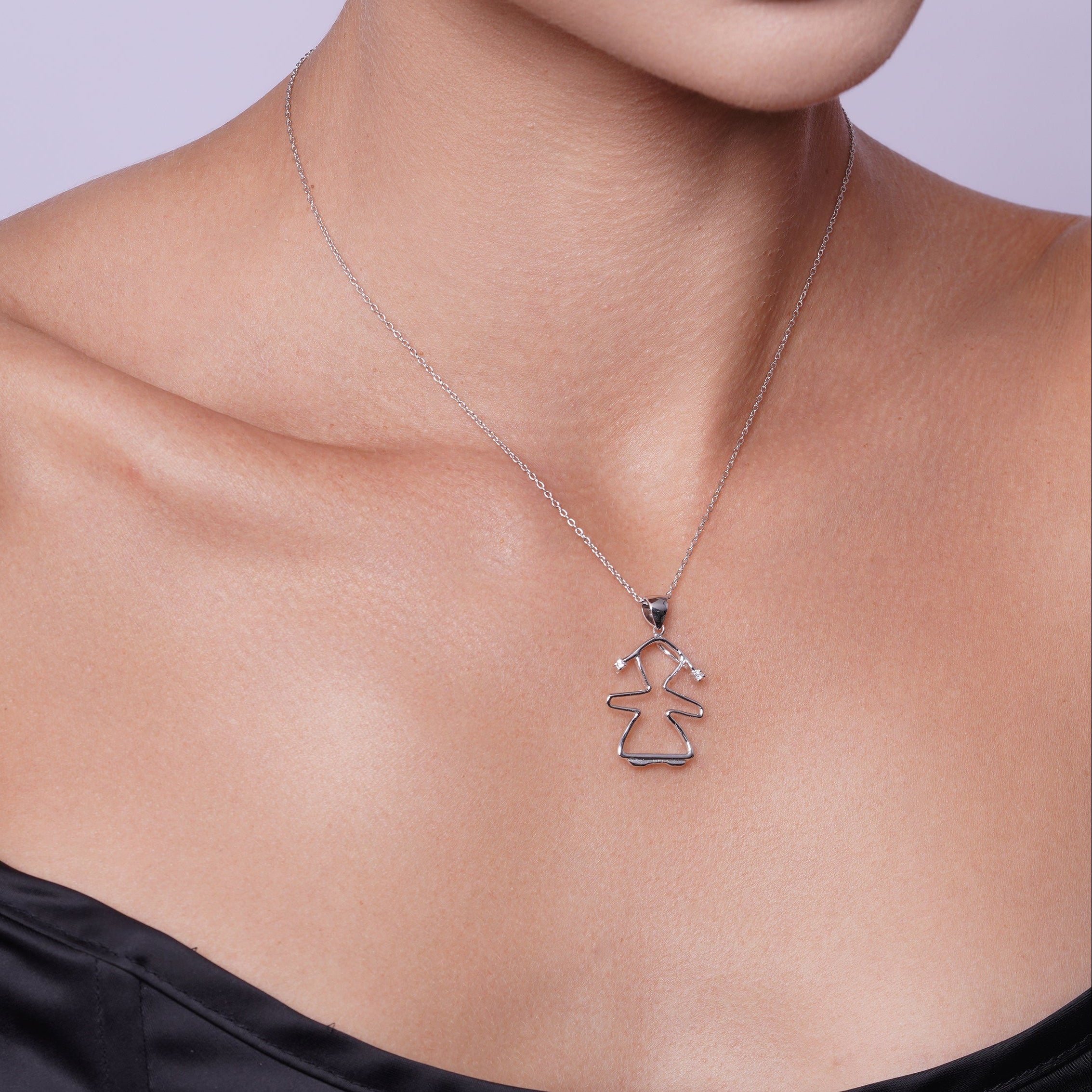 Silver 925 Rhodium Plated Open Girl CZ Dangling Hook Earring and Necklace Set - STS00362
