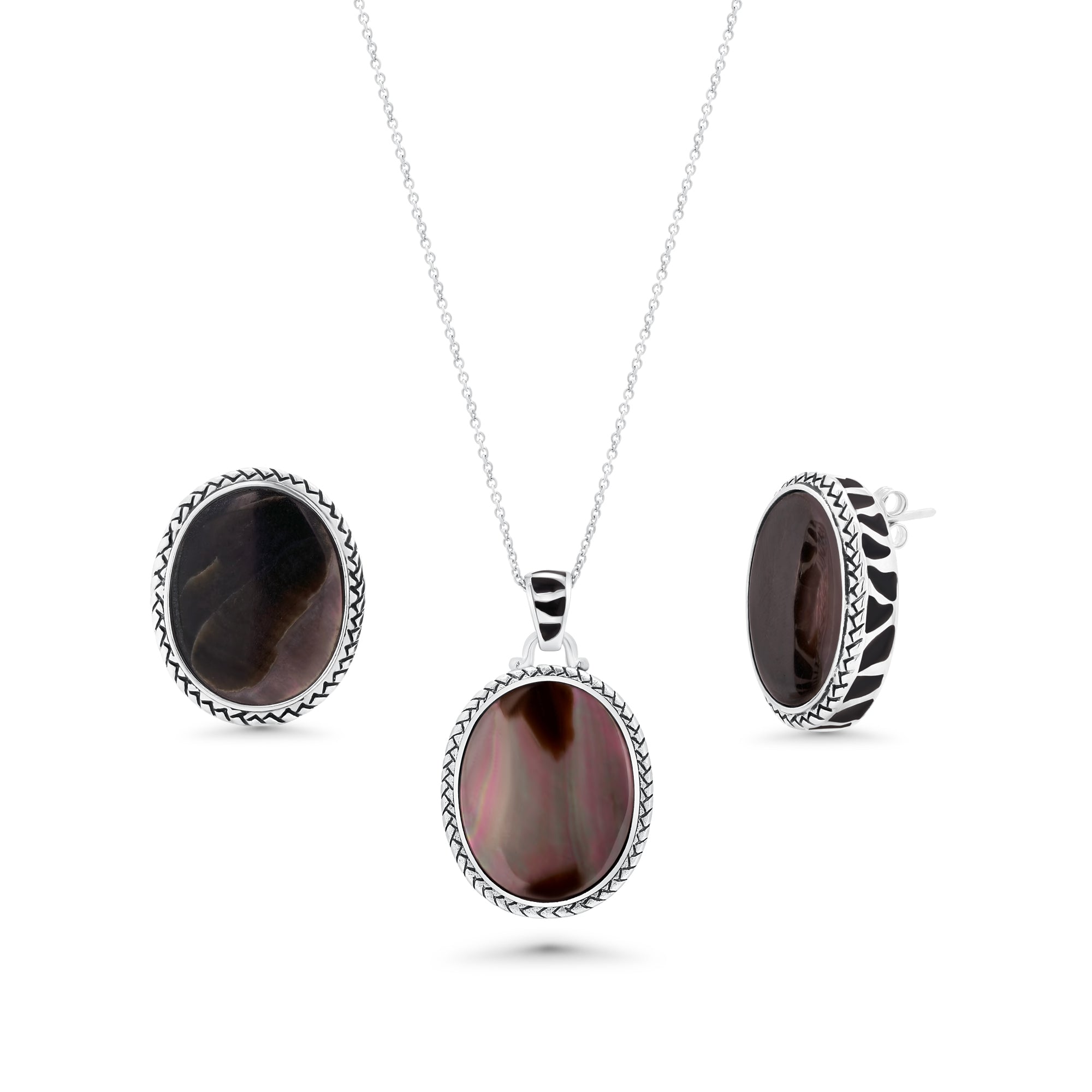 Liquidación - Conjunto de aretes y collar con circonitas negras ovaladas de MOP en plata 925 rodiada - STS00368