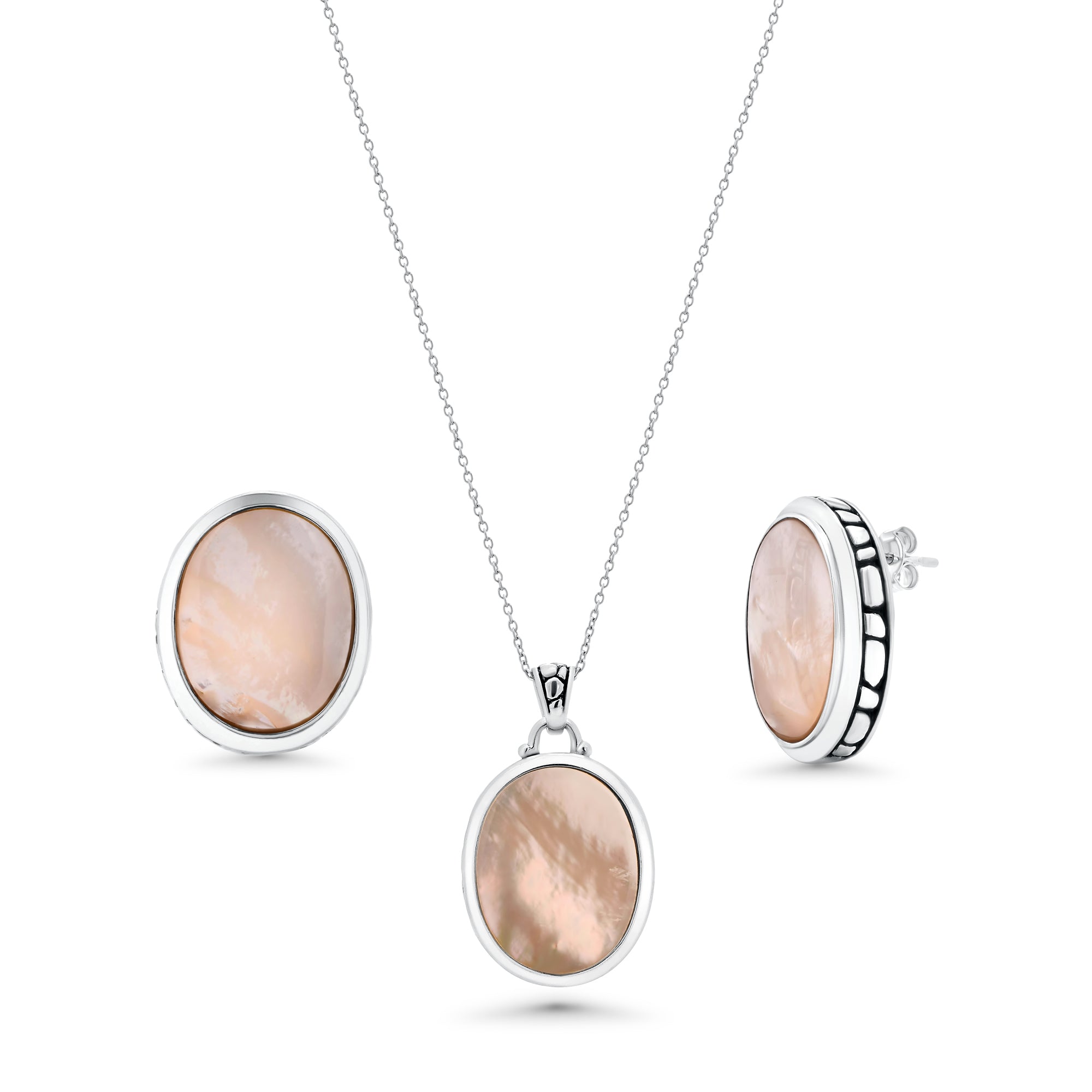 Clearance-Silver 925 Rhodium Plated White Oval Mother of Pearl CZ Stud Earring and Necklace Set - STS00369