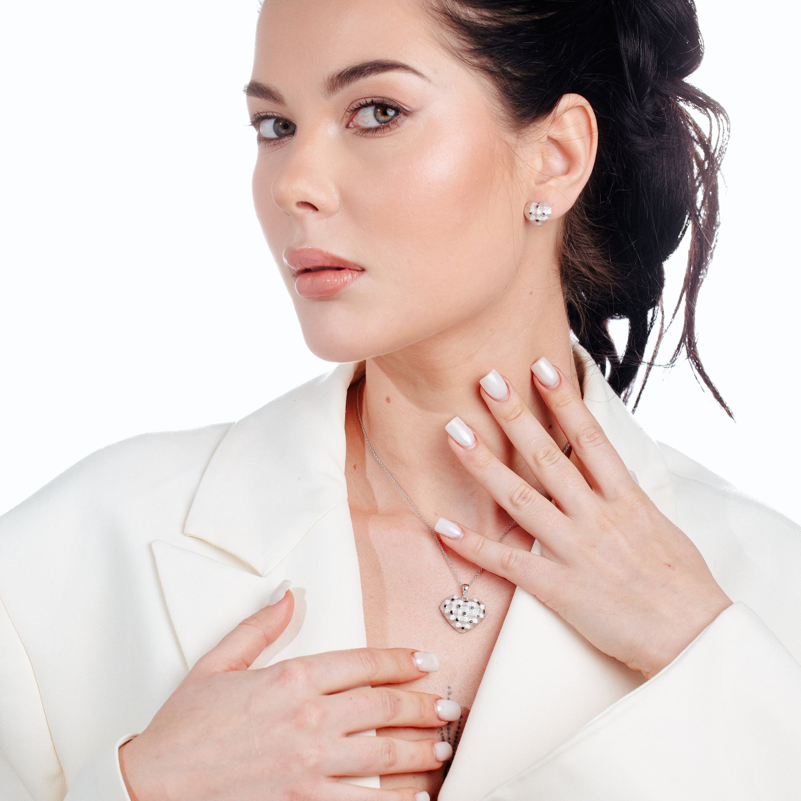 Clearance-Silver 925 Rhodium Plated Black Polka Dot Heart CZ Set - STS00380