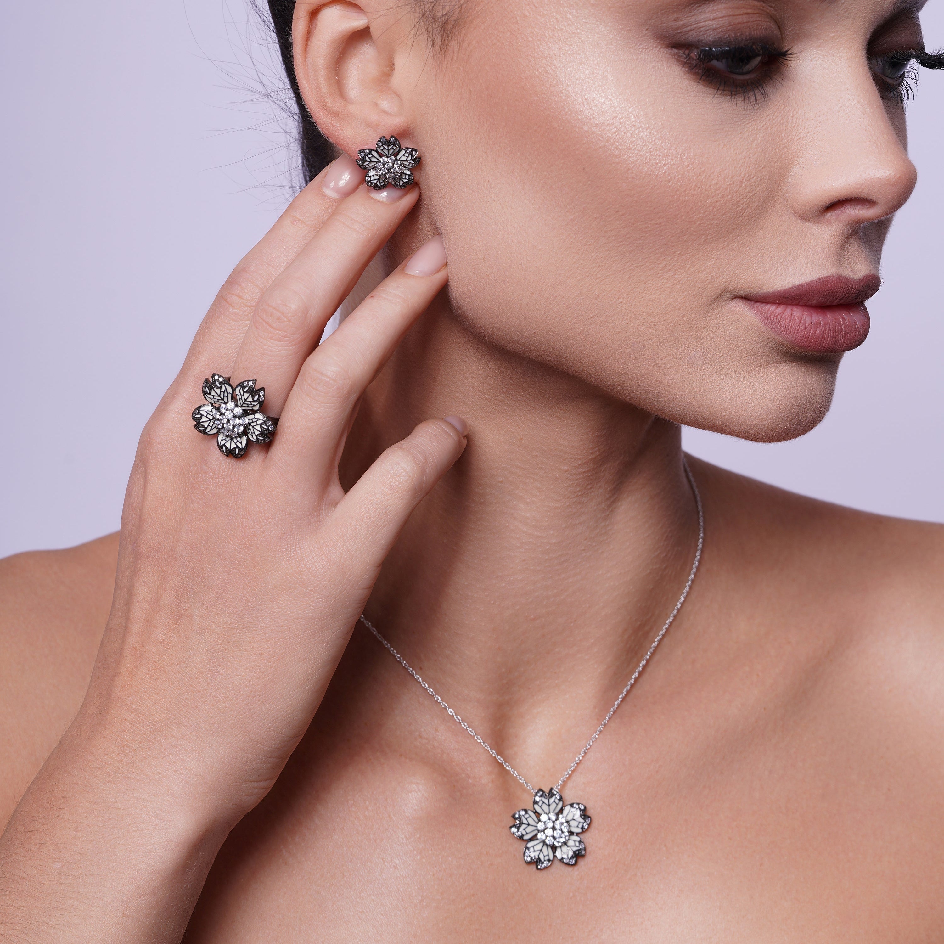 Clearance-Silver 925 Black Rhodium Plated Flower White Enamel CZ Set - STS00388