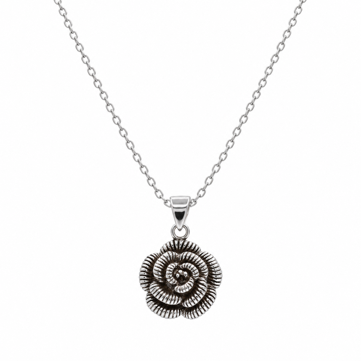 Rhodium Plated 925 Sterling Silver Rosset Flower CZ Stud Earring and Necklace Set - STS00426