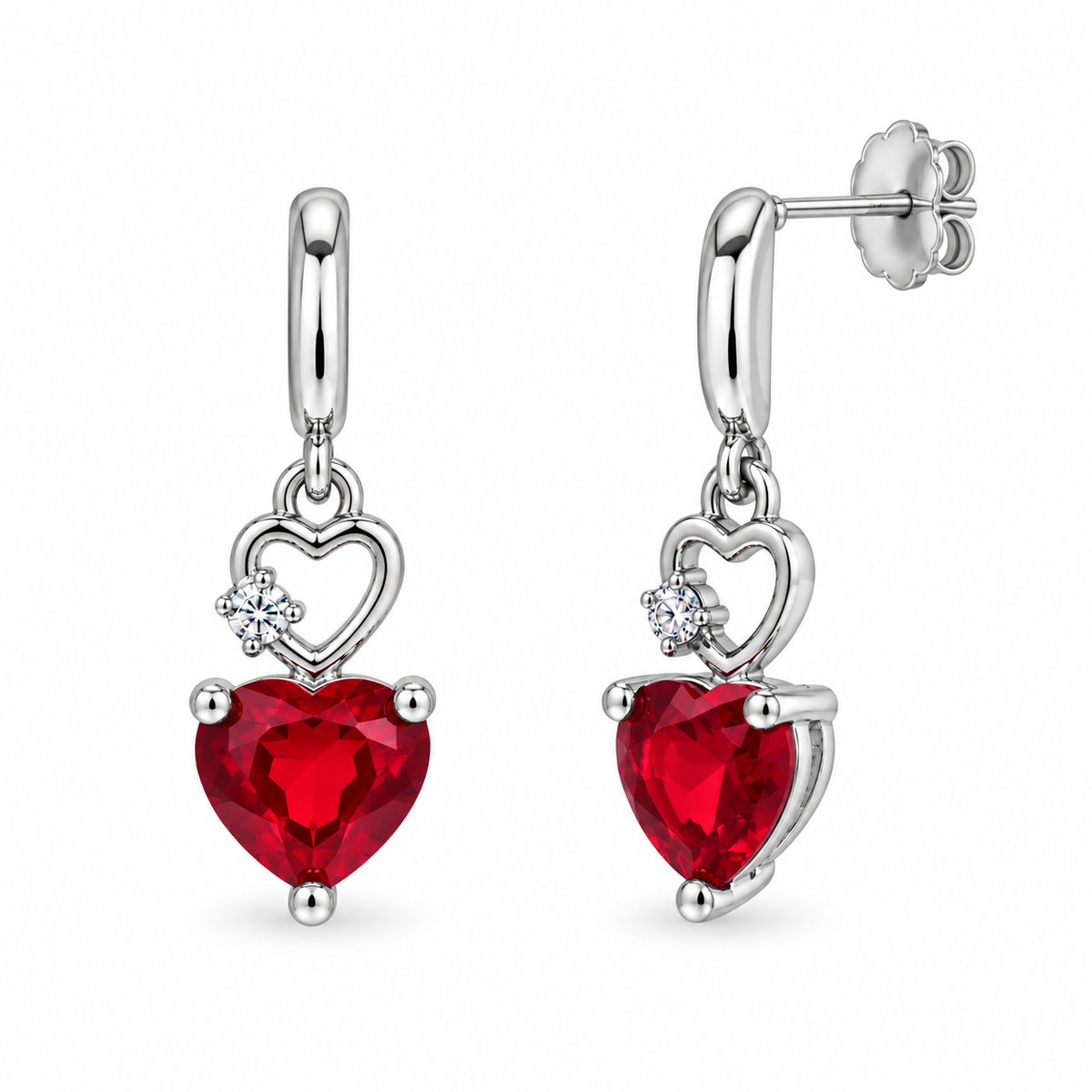 Rhodium Plated 925 Sterling Silver Red CZ Heart Dangle Earring and Pendant Necklace Set - STS00438
