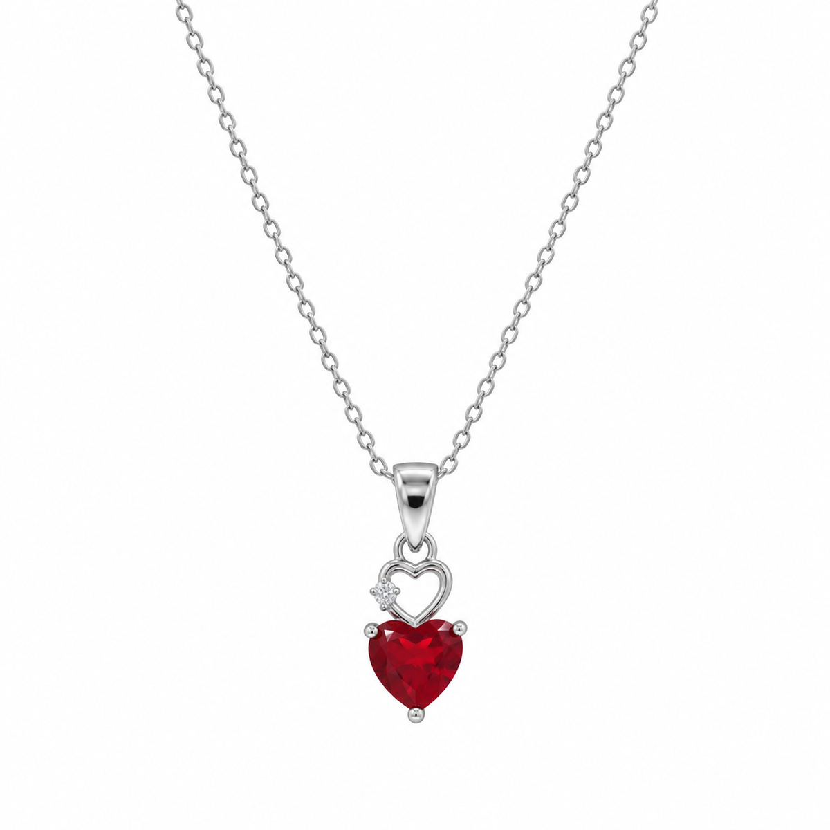 Rhodium Plated 925 Sterling Silver Red CZ Heart Dangle Earring and Pendant Necklace Set - STS00438