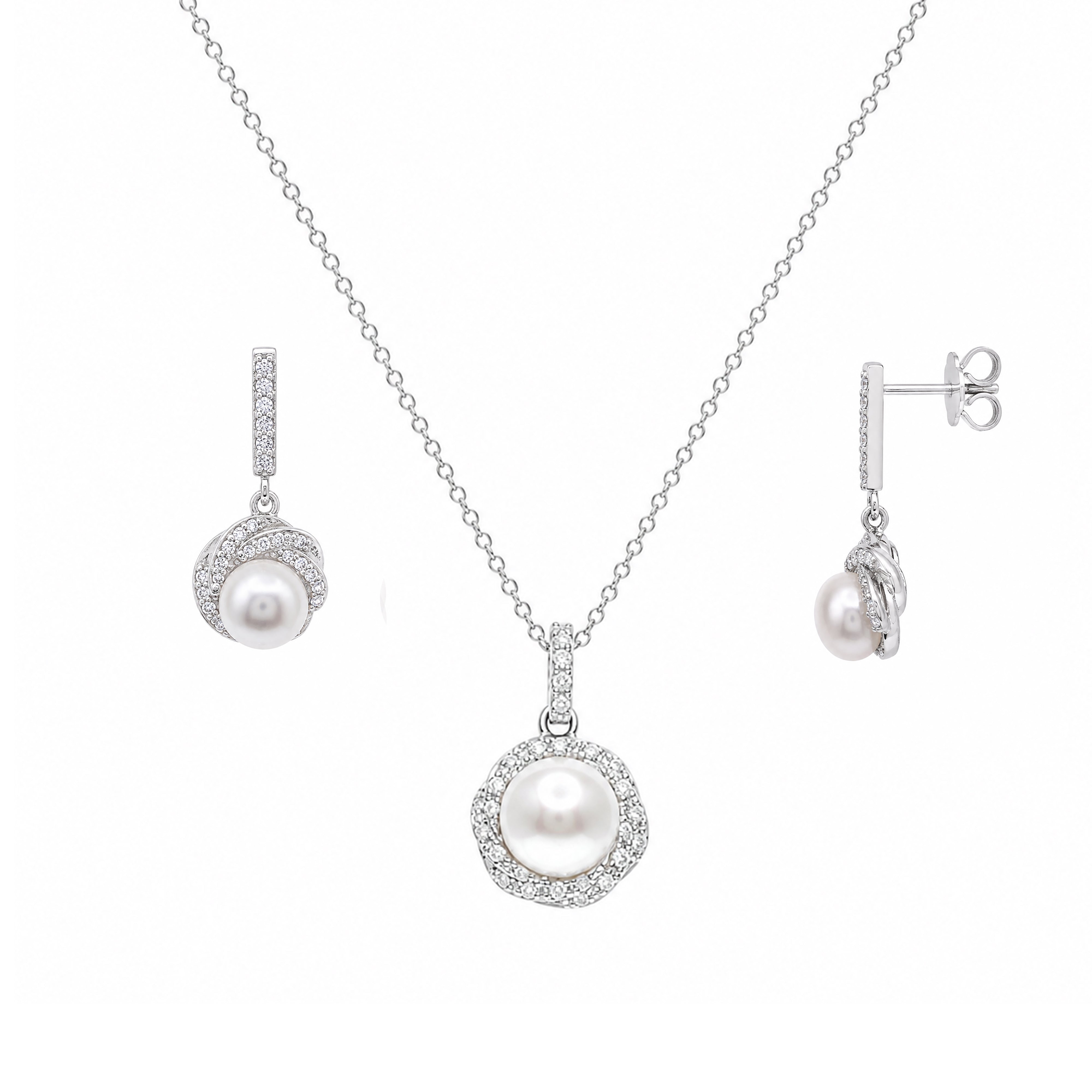 Rhodium Plated 925 Silver Twisted CZ & Pearl Dangling Stud Earring and Necklace Set - STS00479