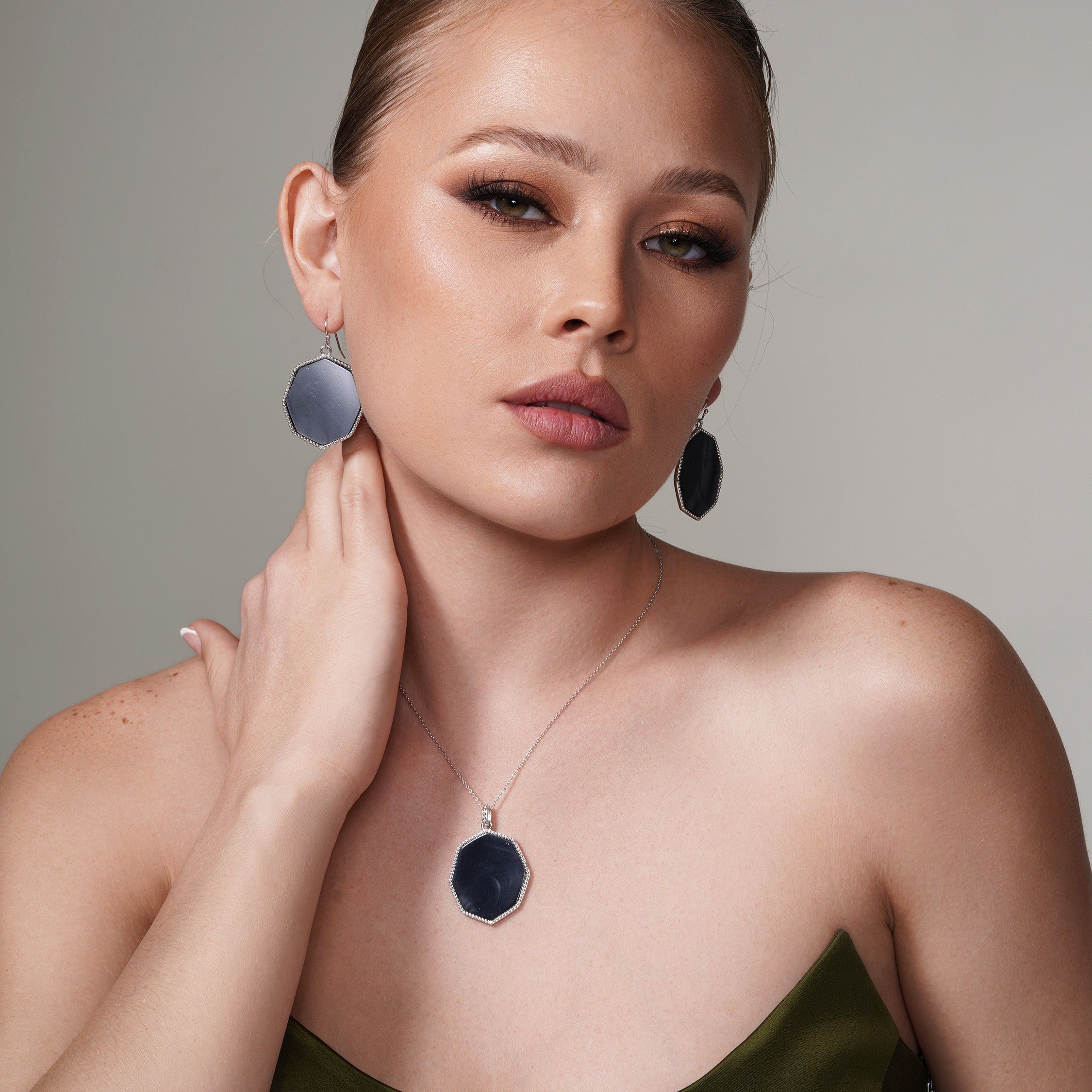 Silver 925 Rhodium Plated Black Octagon CZ Dangling Hook Earring and Necklace Set - STS00482