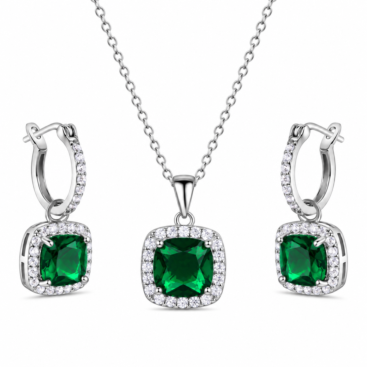 Rhodium Plated 925 Sterling Silver Square CZ Birthstone Earring & Pendant Set - STS00549-GREEN