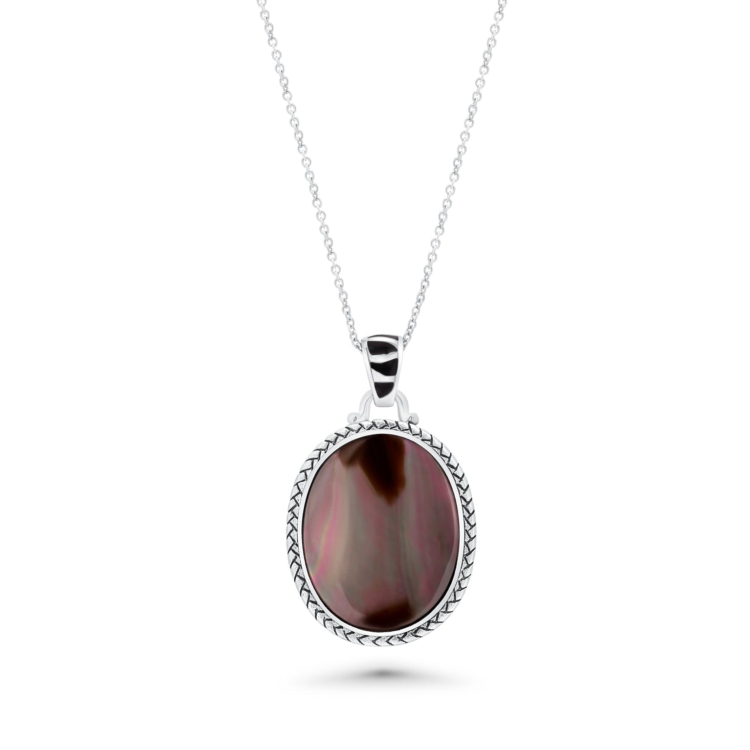 Clearance-Silver 925 Rhodium Plated Black Oval MOP CZ Stud Earring and Necklace Set - STS00368