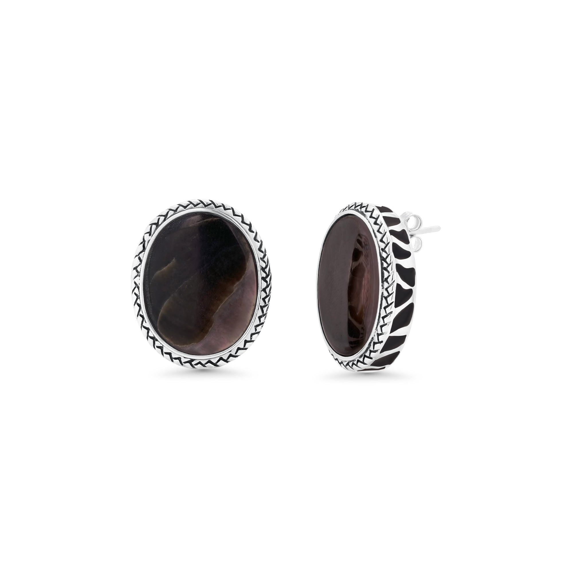 Clearance-Silver 925 Rhodium Plated Black Oval MOP CZ Stud Earring and Necklace Set - STS00368