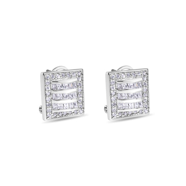 Final Price-Rhodium Plated 925 Sterling Silver Square Linear Design Clear CZ Lever back Earrings - STEM132