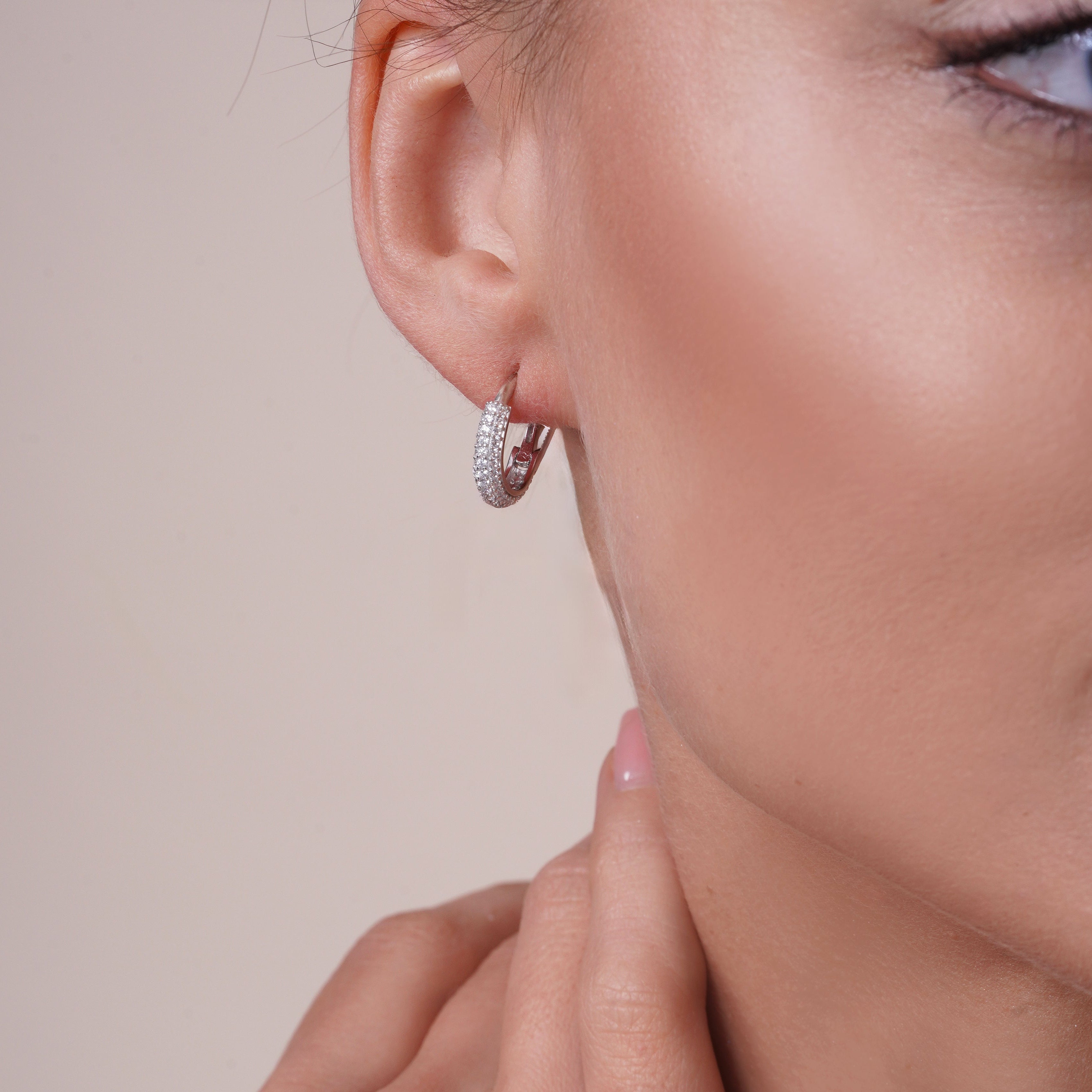 Rhodium Plated 925 Sterling Silver Micro Pave CZ Huggie Hoop 11mm Earring - TGE00006