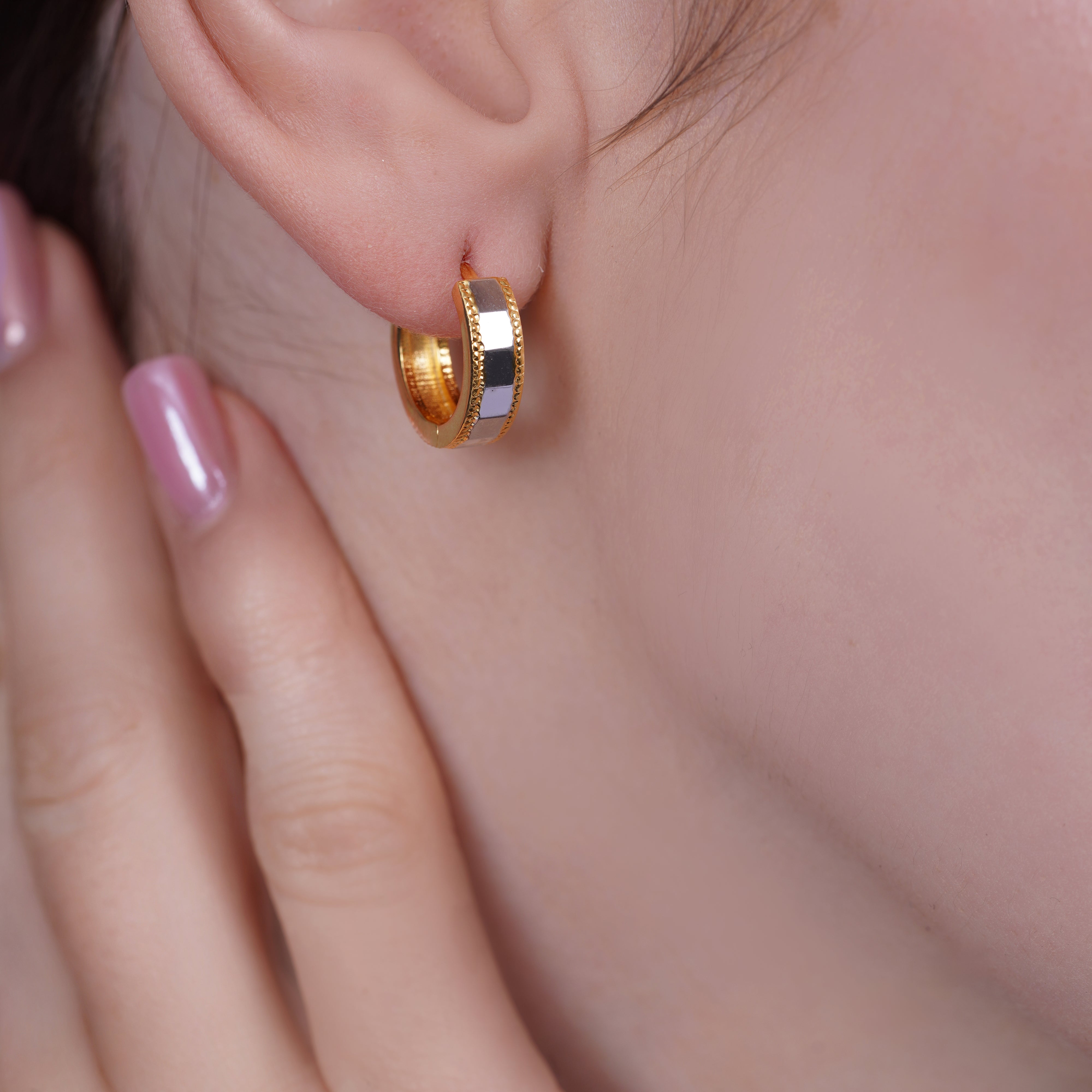 Two-Tone 925 Sterling Silver Diamond Cut Faceted 15mm Hoop Earring - TGE00019GR