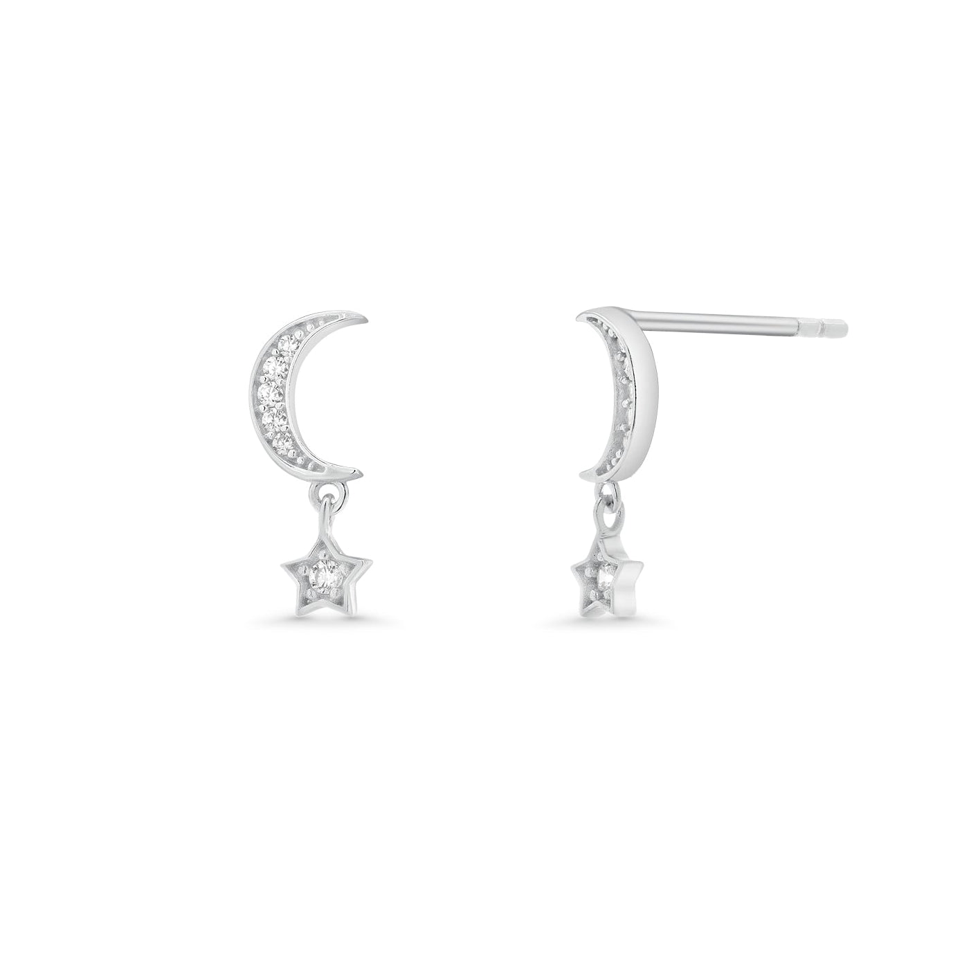 Rhodium Plated 925 Sterling Silver Moon and Star Drop Stud Earrings - TGE00035
