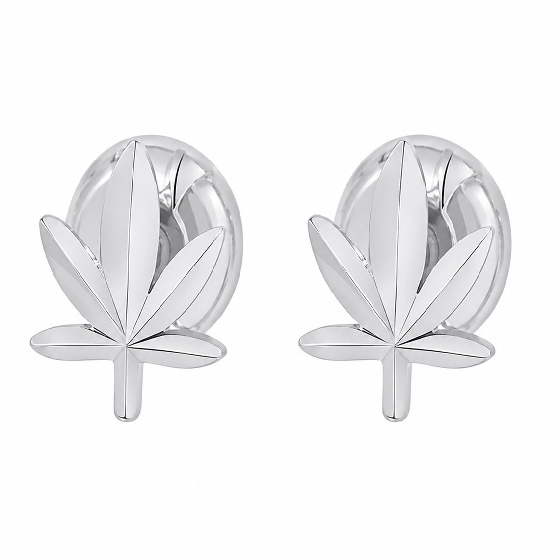 Rhodium Plated 925 Sterling Silver Diamond Cut Cannabis Stud Earrings - TGE00060