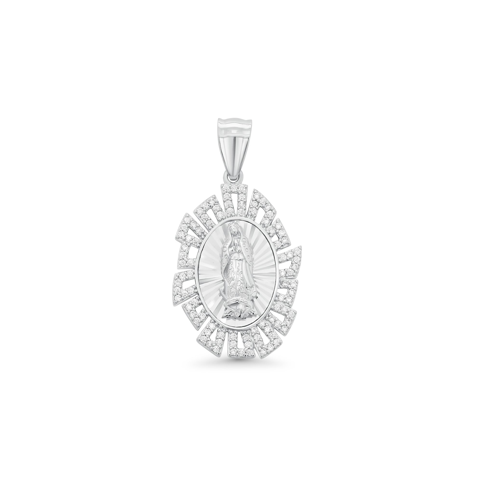 Rhodium Plated 925 Sterling Silver Diamond Cut Sunburst Halo Our Lady of Guadalupe Pendant - TGP00003
