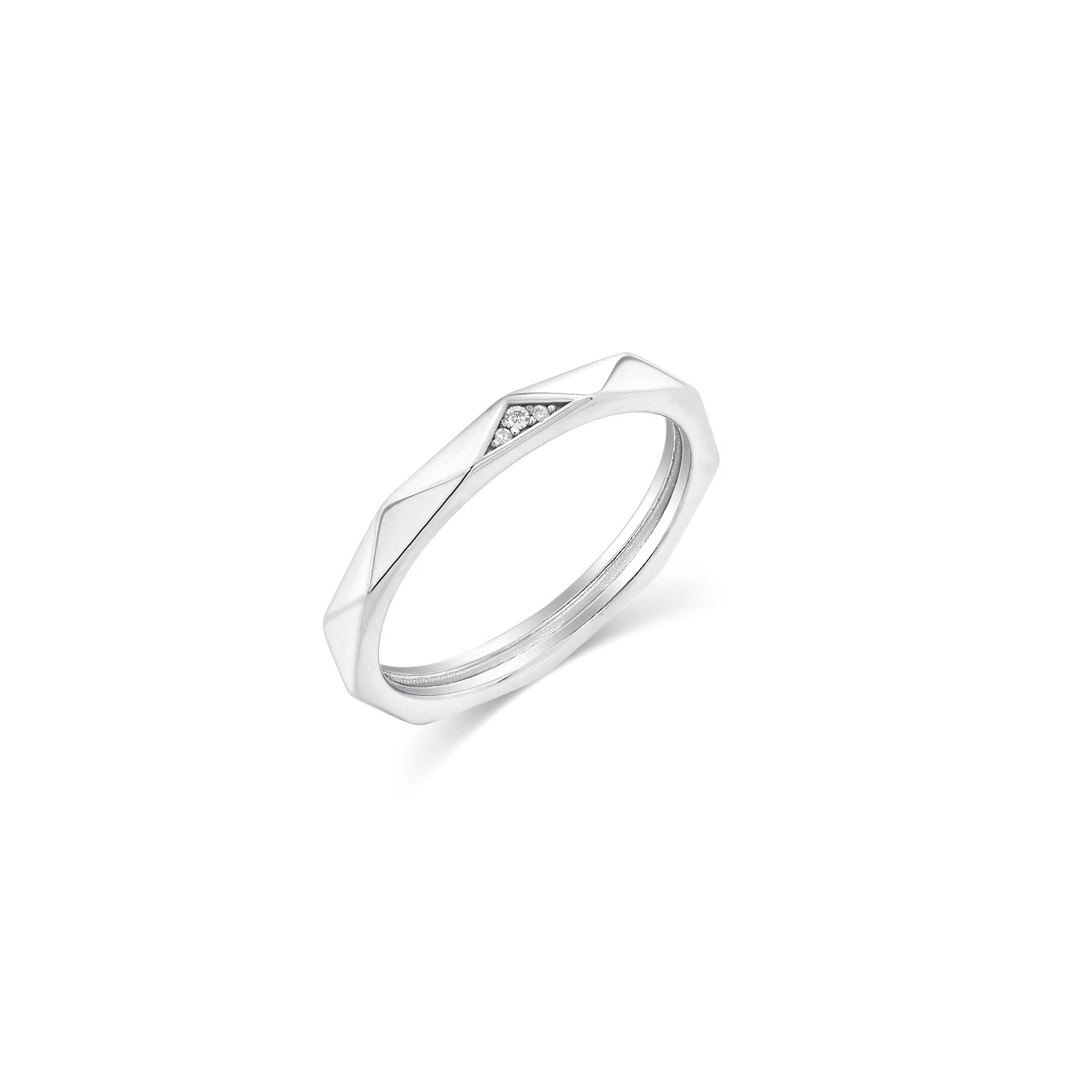 Rhodium Plated 925 Sterling Silver Men's Faceted Edge Clear CZ 3.3mm Ring - TGR00020