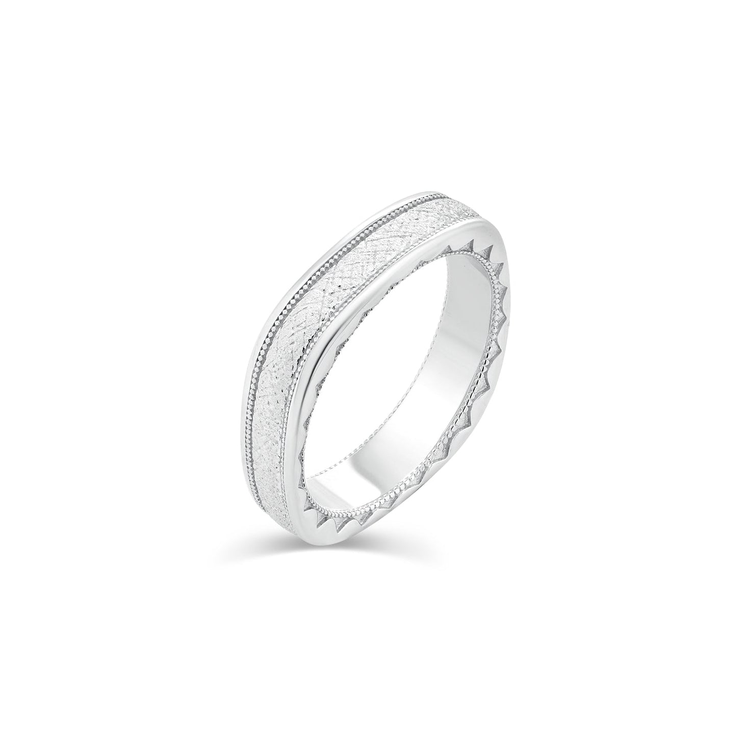 Rhodium Plated 925 Sterling Silver Men's Textured Milgrain Hammered Edge 5.4mm Ring - TGR00009