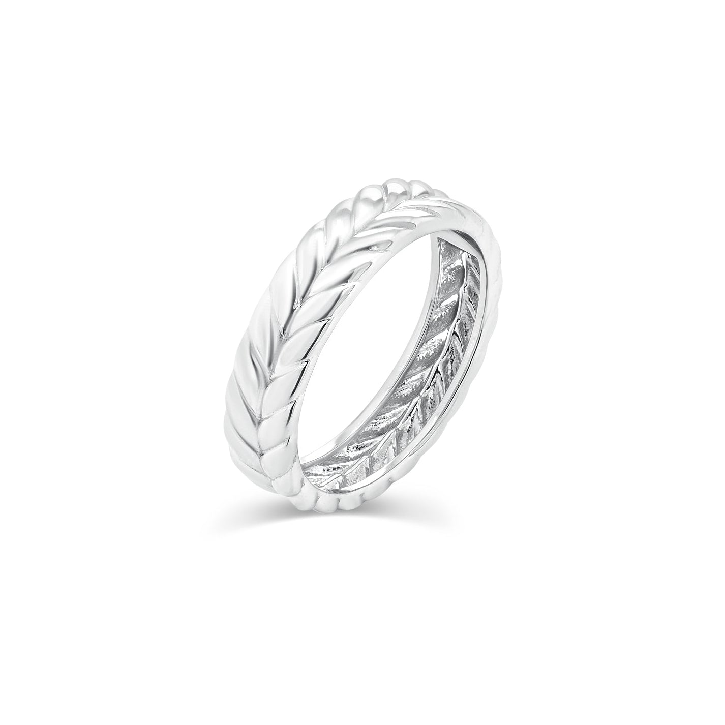 Rhodium Plated 925 Sterling Silver Men's Wheat Braided Pattern 5.8mm Ring - TGR00017