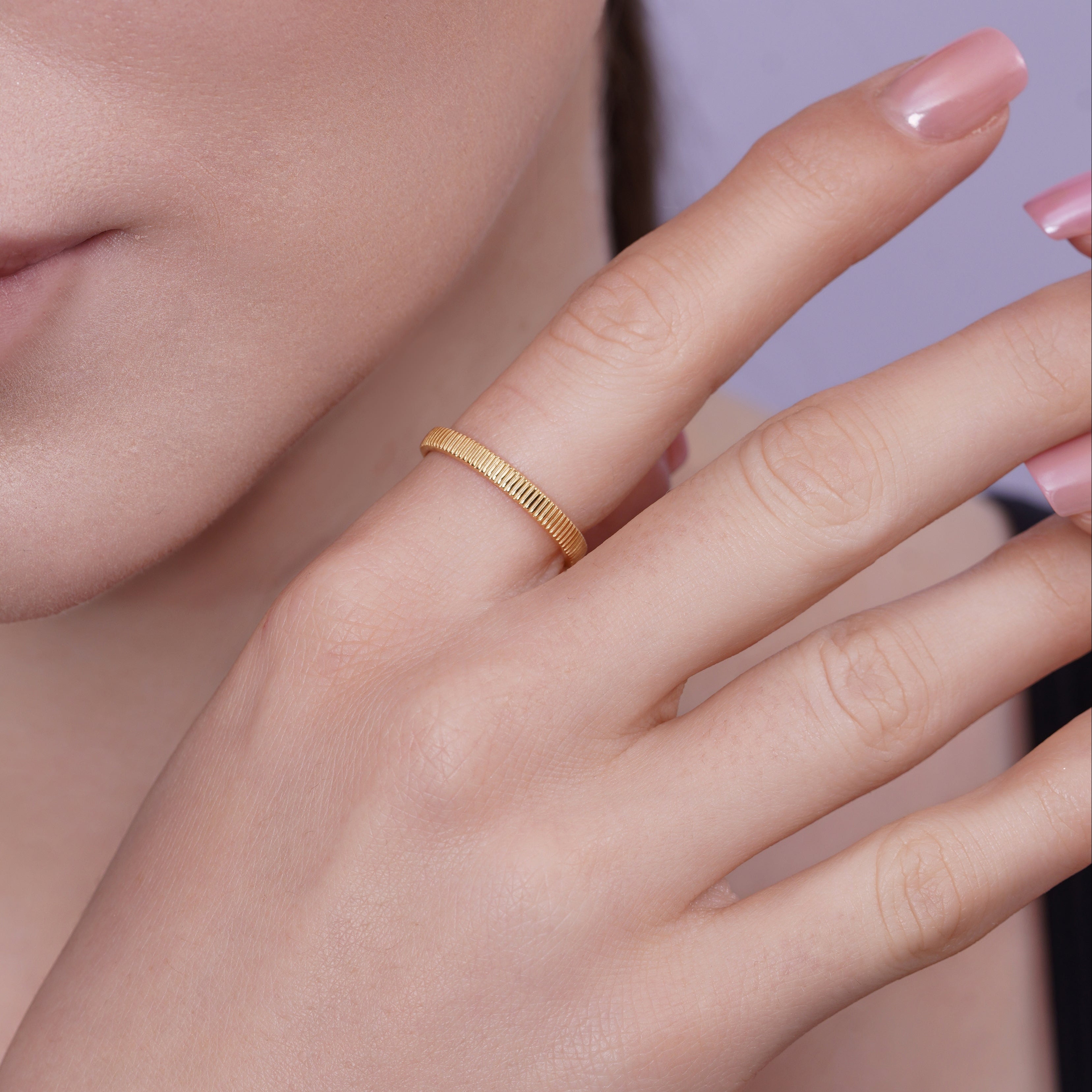 Gold Plated 925 Sterling Silver Ribbed Slim Band 2.7mm Ring - TGR00026