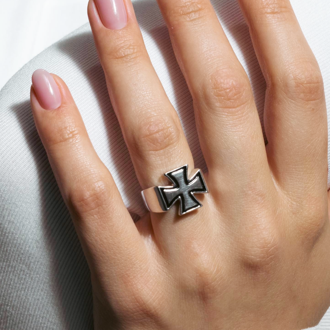 Silver 925 Rhodium and Black Rhodium Plated High Polish Cross Ring - AAR0020