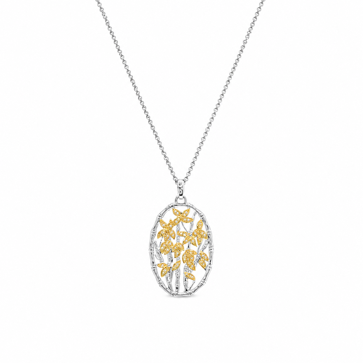 Clearance-Two-Tone Plated 925 Silver Open Circle Bamboo CZ Pendant Necklace - ACP00021