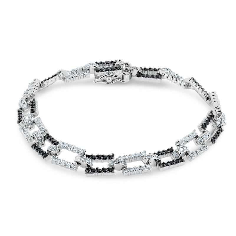 Rhodium Plated 925 Sterling Silver Rectangle Link Bracelet with CZ - BGB00013