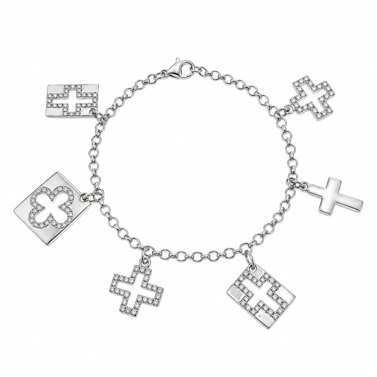 Pulsera CZ con múltiples objetos cruzados colgantes chapados en rodio de plata 925 - BGB00052