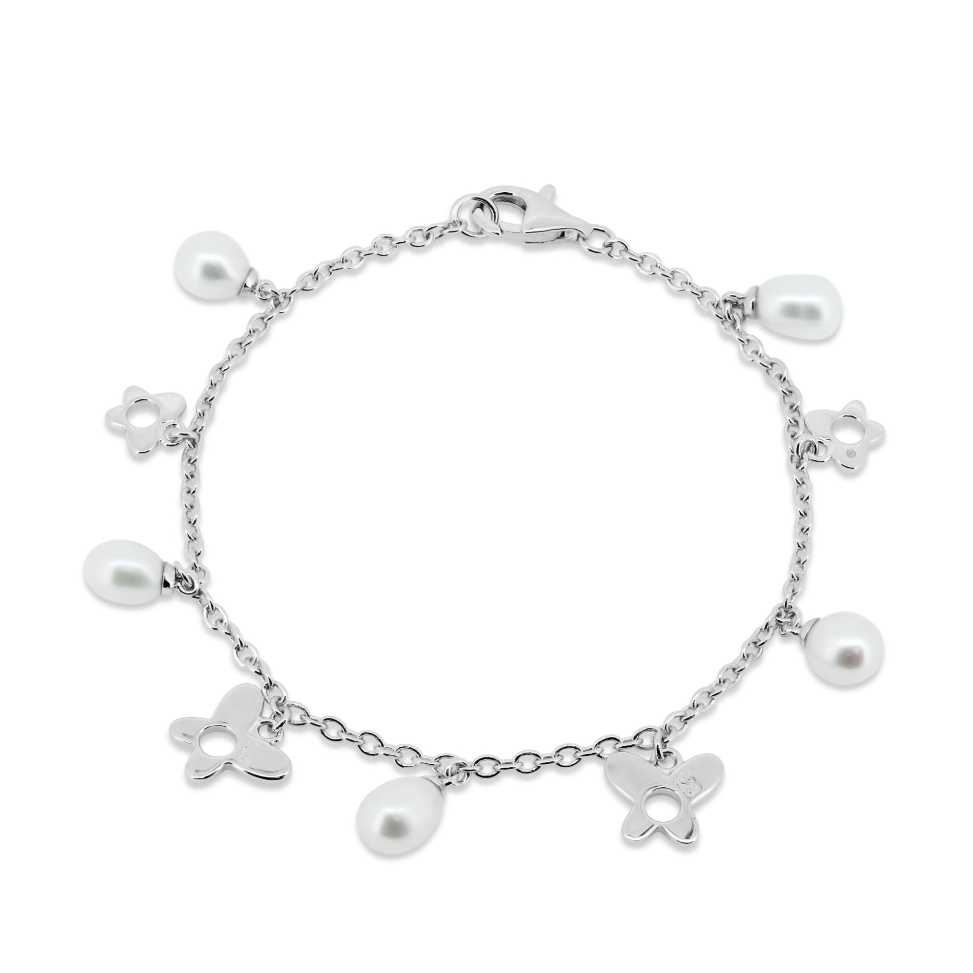Pulsera de mariposa abierta colgante chapada en rodio de plata 925 con perlas de agua dulce - BGB00081