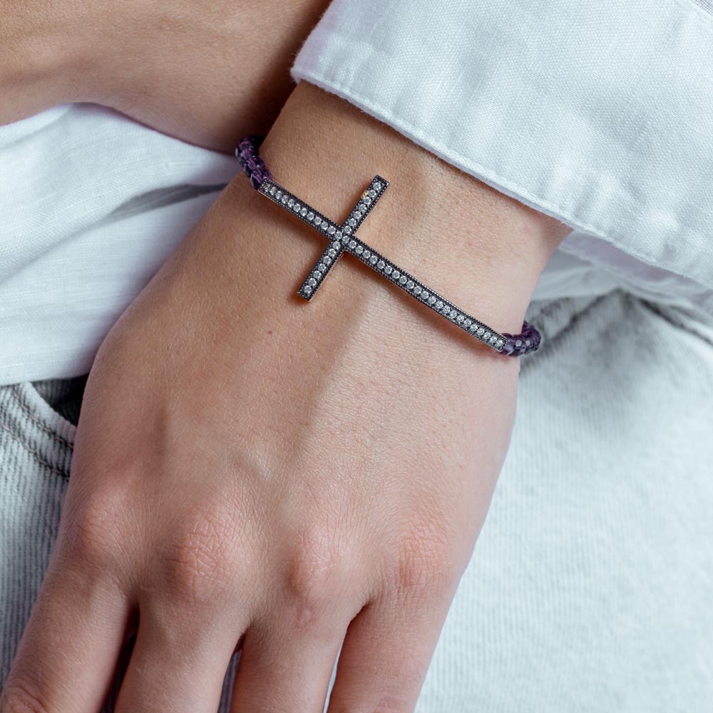 Silver 925 Black and Gold Plated Sideways CZ Cross With Purple Beads Bracelet - BGB00088
