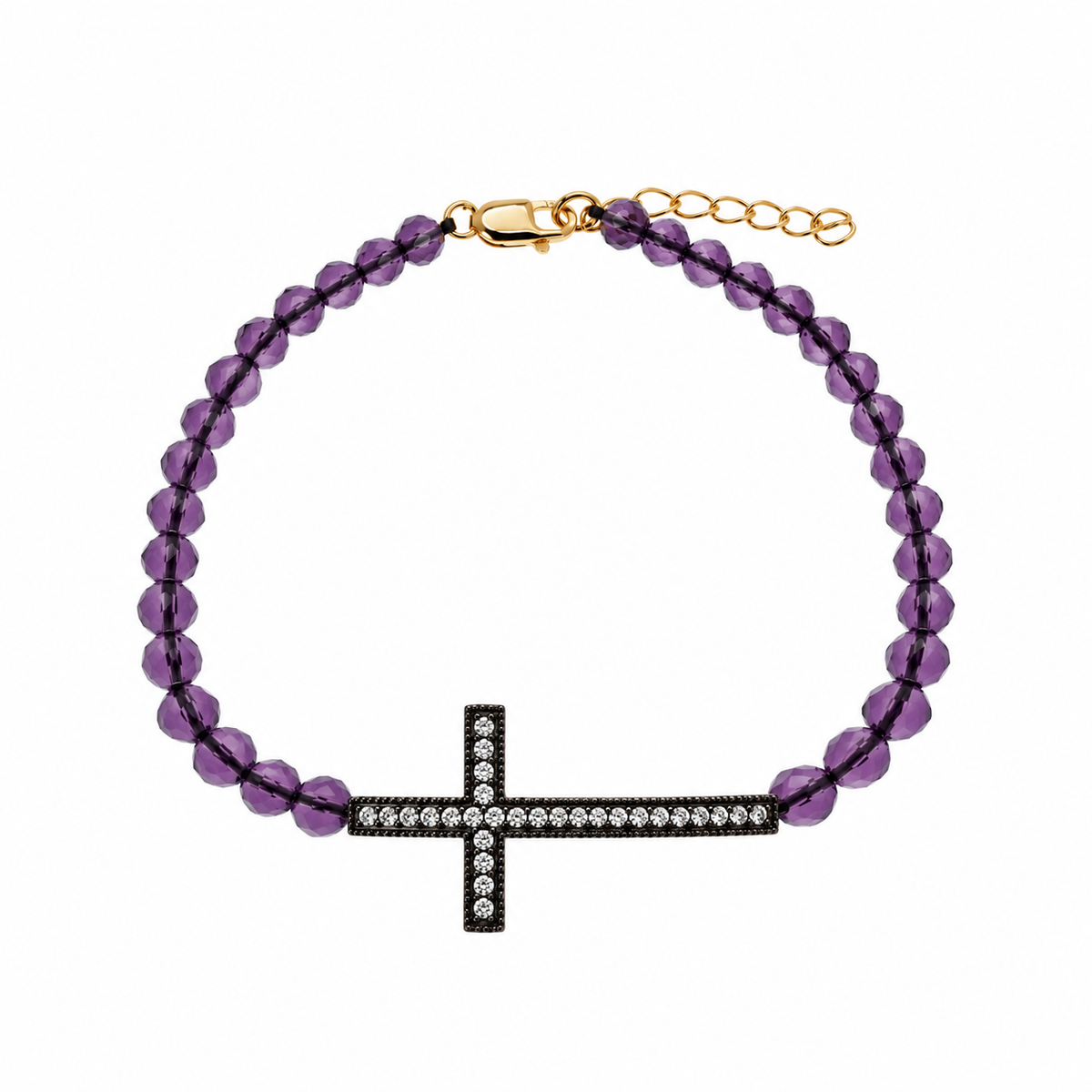 Pulsera de cuentas de amatista CZ con cruz lateral chapada en oro y negro de plata 925 - BGB00090