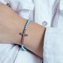Silver 925 Gold and Black Rhodium Plated Sideways Cross CZ Turquoise Bead Bracelet - BGB00120