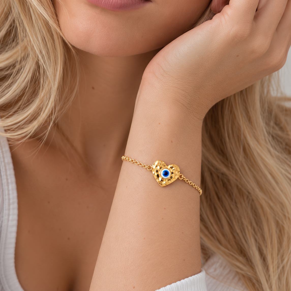 Silver 925 Gold Plated Evil Eye Heart CZ Bracelet - BGB00136