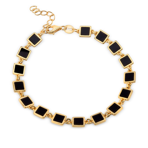 Gold Plated 925 Sterling Silver Square Link Onyx Stone Bracelet - BGB00390