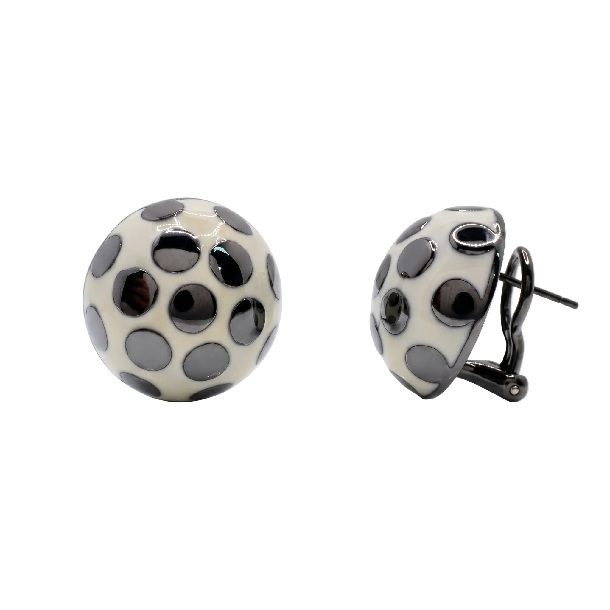 Clearance-Black Rhodium 925 Sterling Silver & White Enamel Polka Dot Lever Back Post Earrings - BGE00100